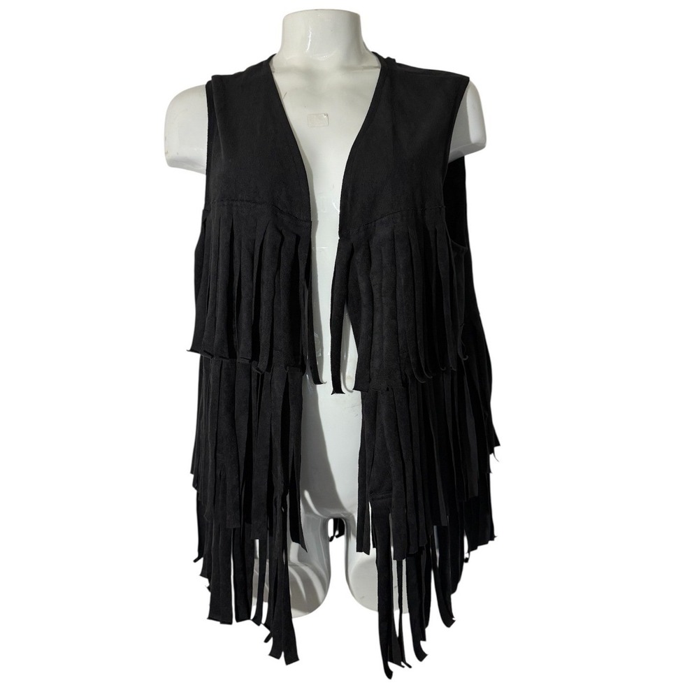Y2K Black Faux Suede Fringe Vest Whimsygoth Western Boho Festival Size M